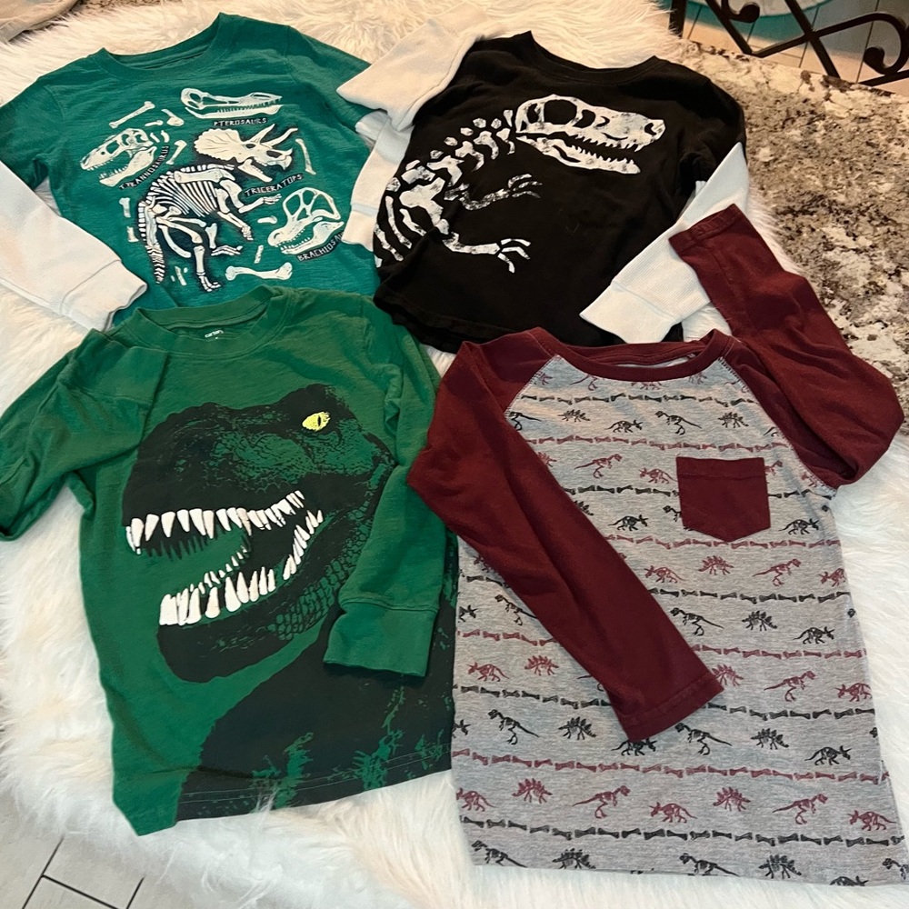 Bundle of 4 Dinosaur Graphic Kids Long Sleeve Shirts - Green, Black, Gray